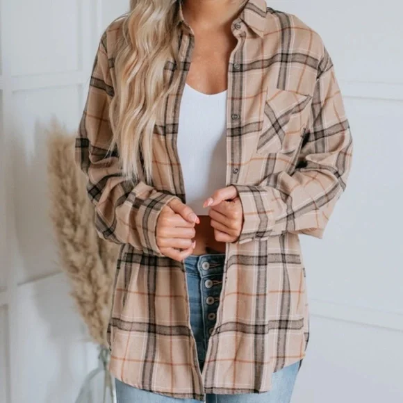 La Miel Tan Camel Plaid Button Down Flannel Small - Picture 6 of 10